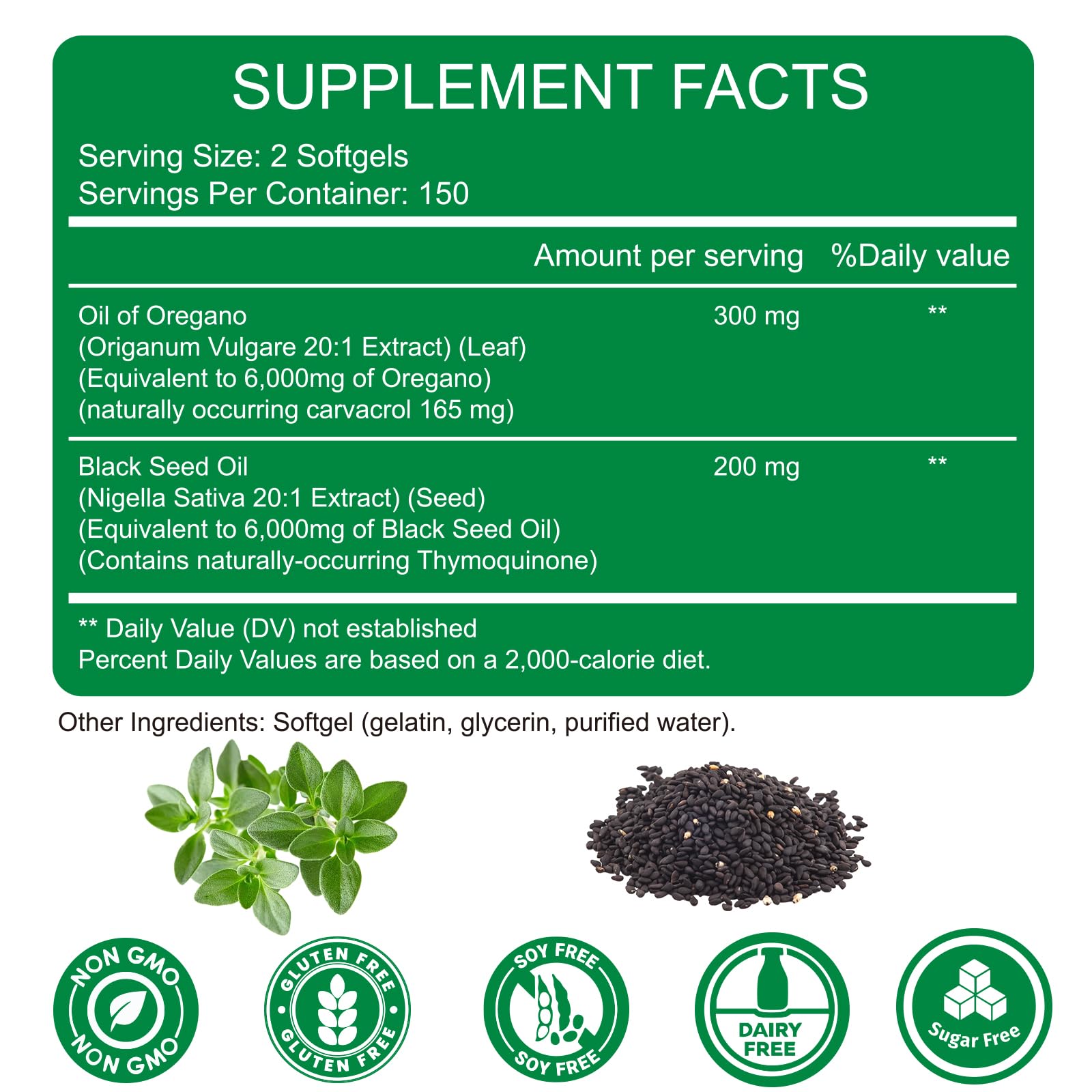 Packaging bag side view of Oil of Oregano and Black Seed Oil softgels