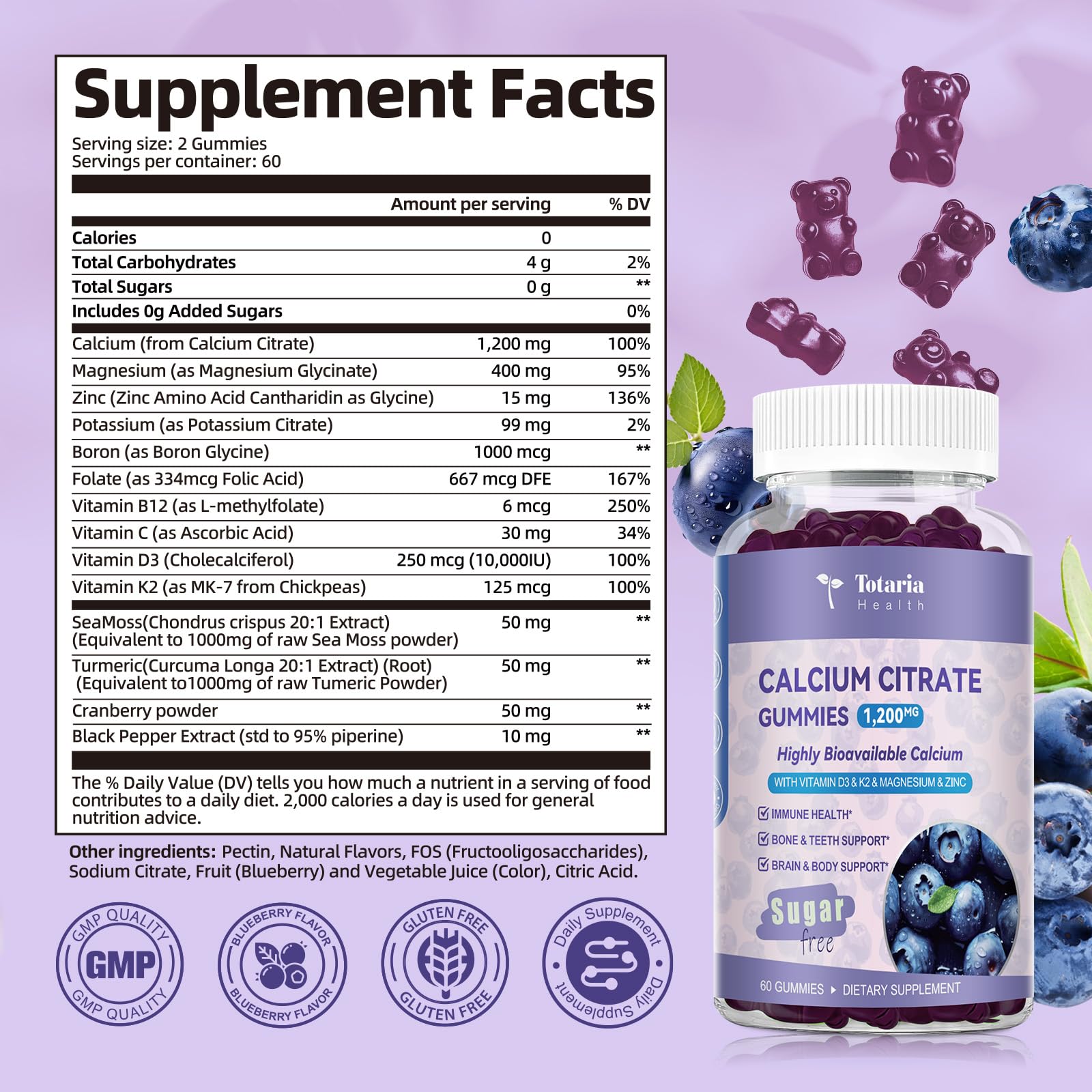Two-pack packaging for blueberry-flavored calcium citrate gummies