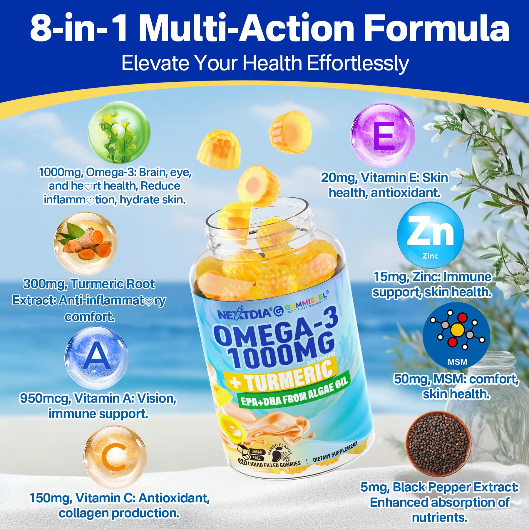 Front view packaging of 60-count vegan Omega-3 gummies