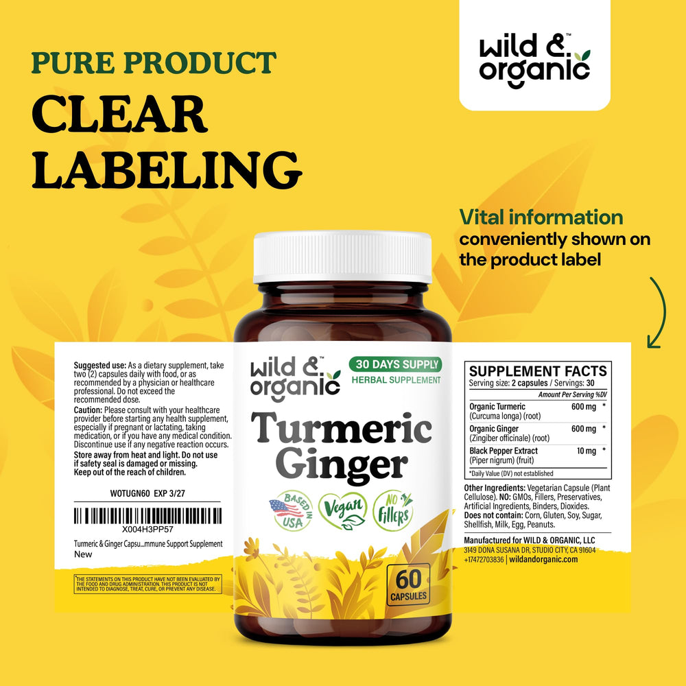 Packaging front of Wild & Organic turmeric and ginger supplement