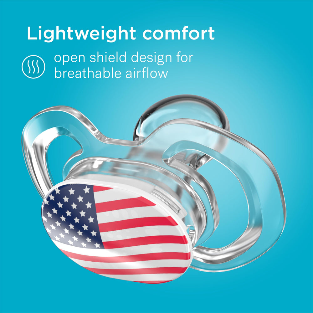 Packaging showing included items: holder and pacifier