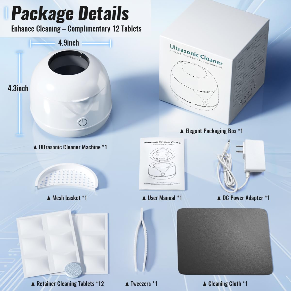 Retail packaging displaying included items and warranty