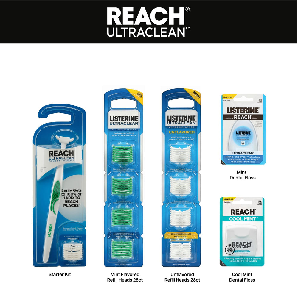 Product packaging and usage instructions for Reach Flosser Bundle