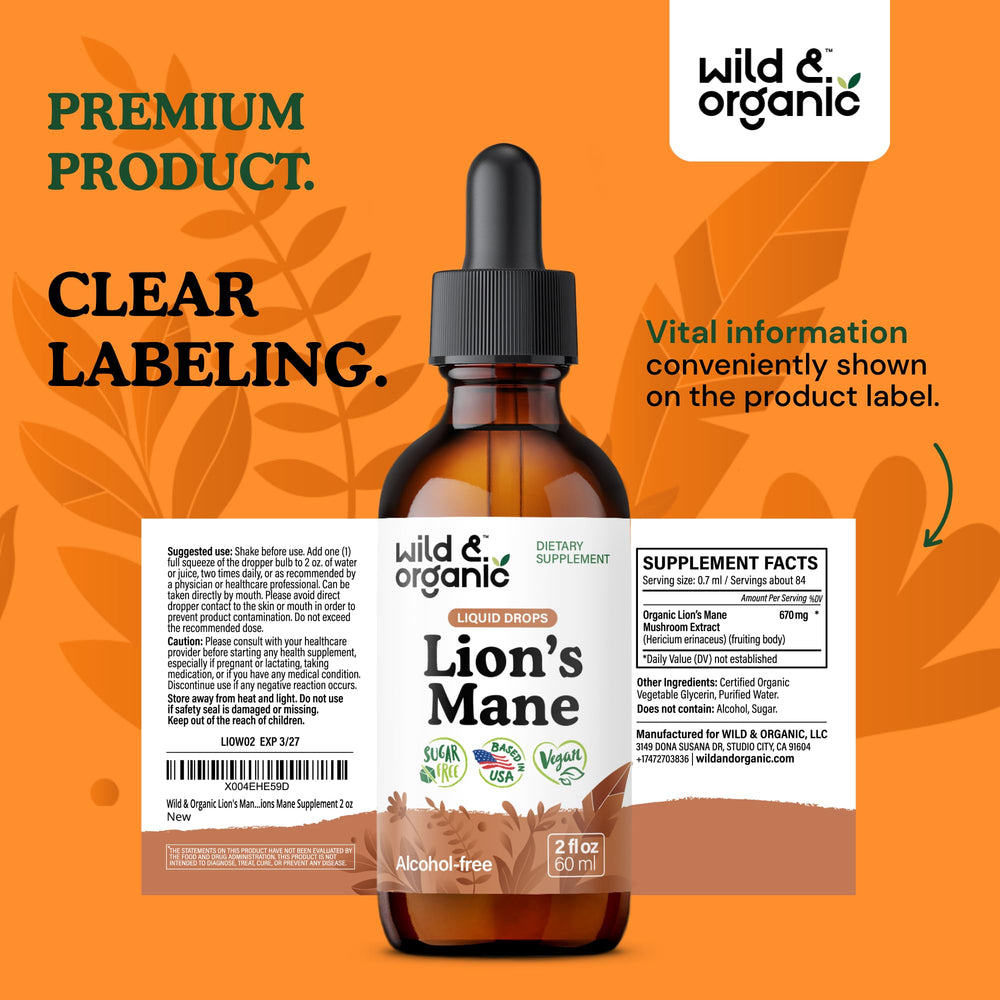 Product packaging and label of Lions Mane drops
