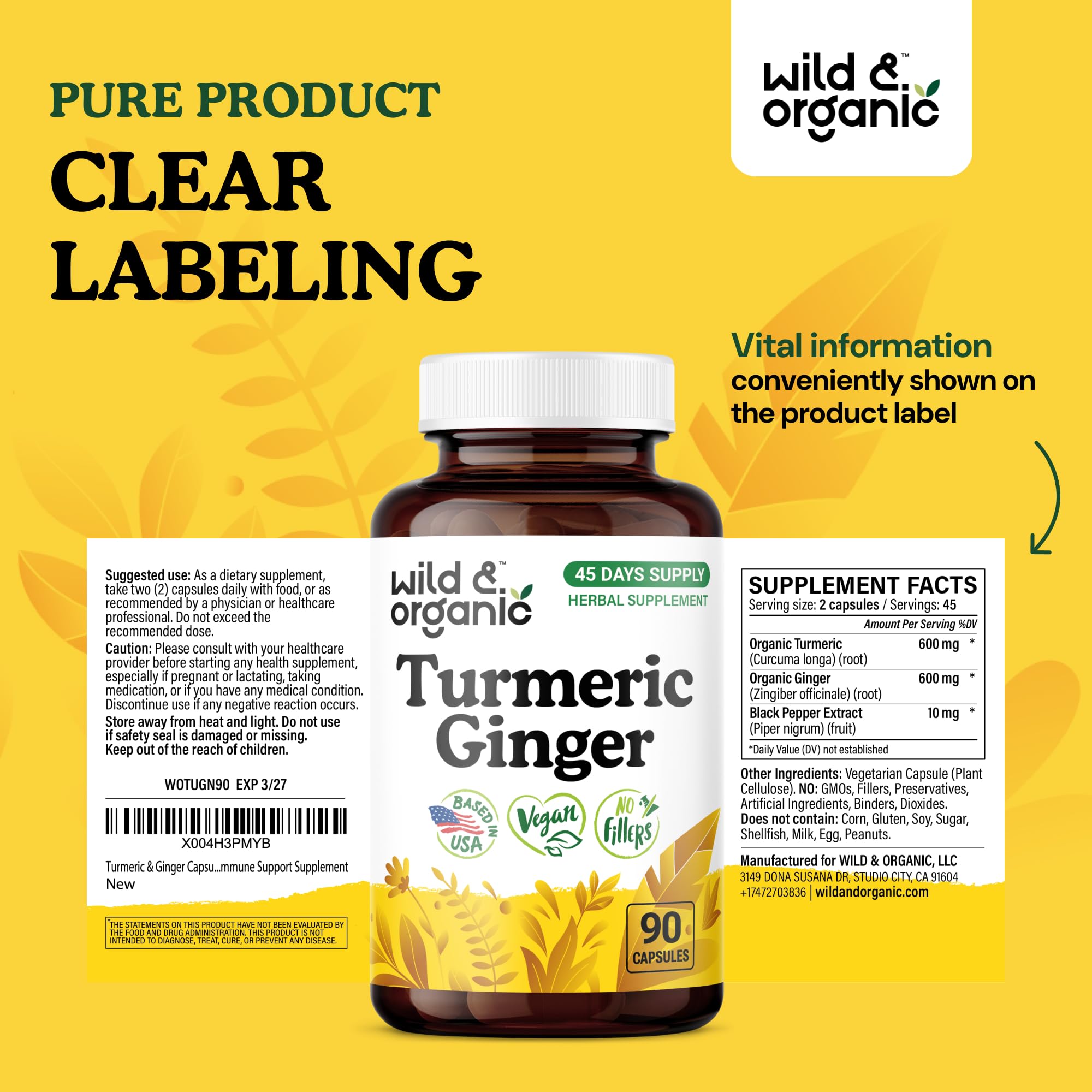 Product packaging and label preview for turmeric-ginger supplement