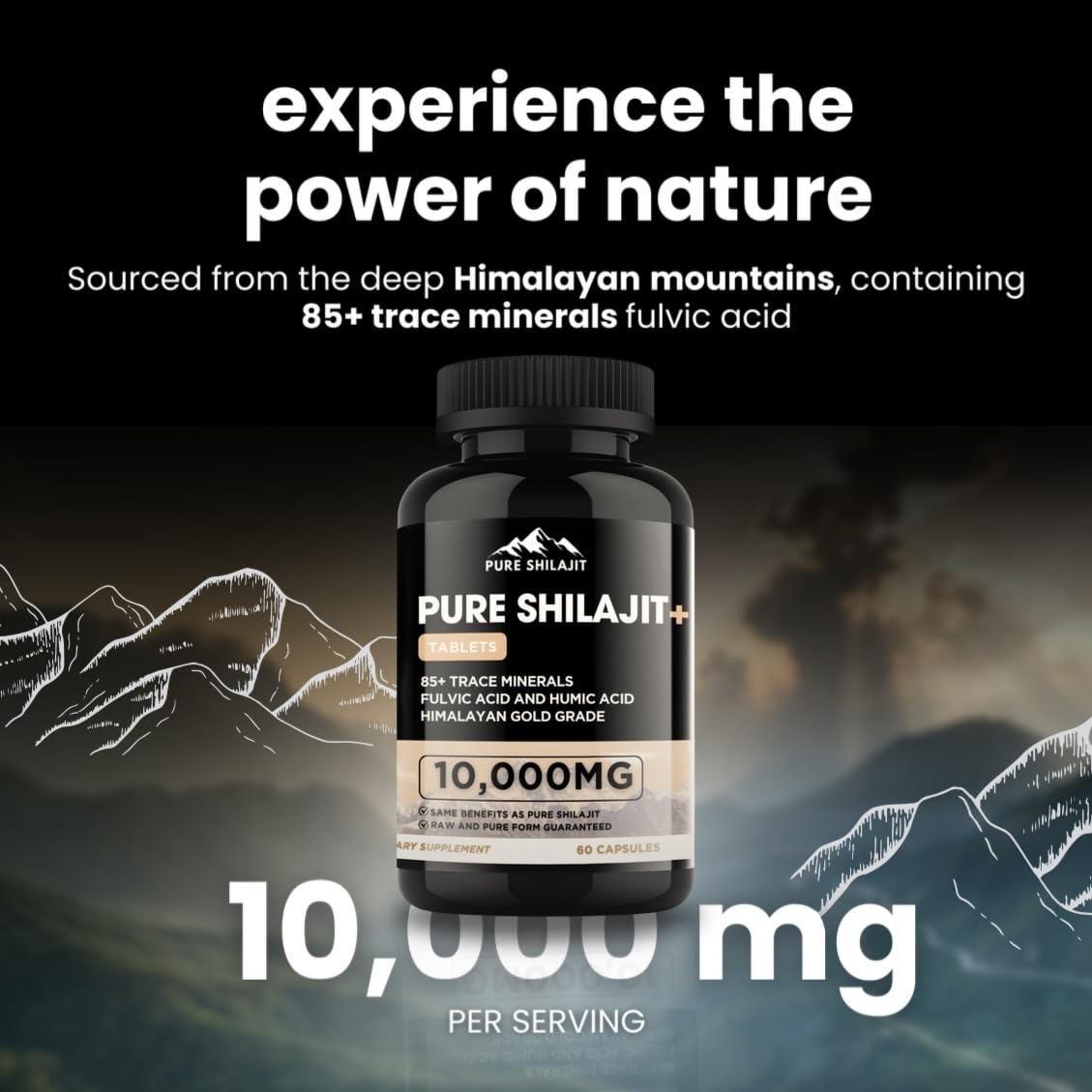 Box and bottle of Pure Shilajit capsules on a white surface