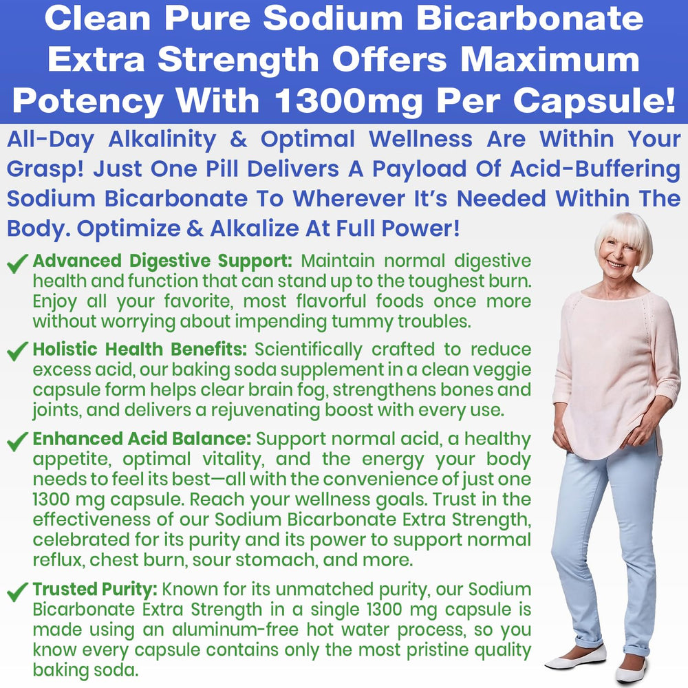 Packaging and bottle of sodium bicarbonate capsules 1300mg