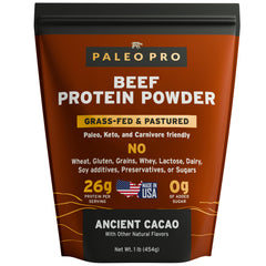 Paleo Pro Beef Protein Powder cacao flavor container front label