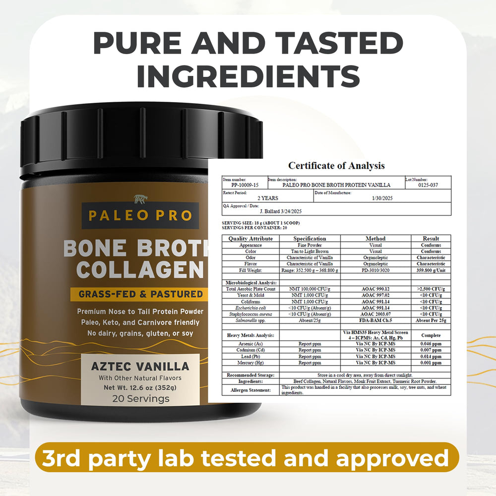 Scoop of Aztec Vanilla collagen powder next to tub