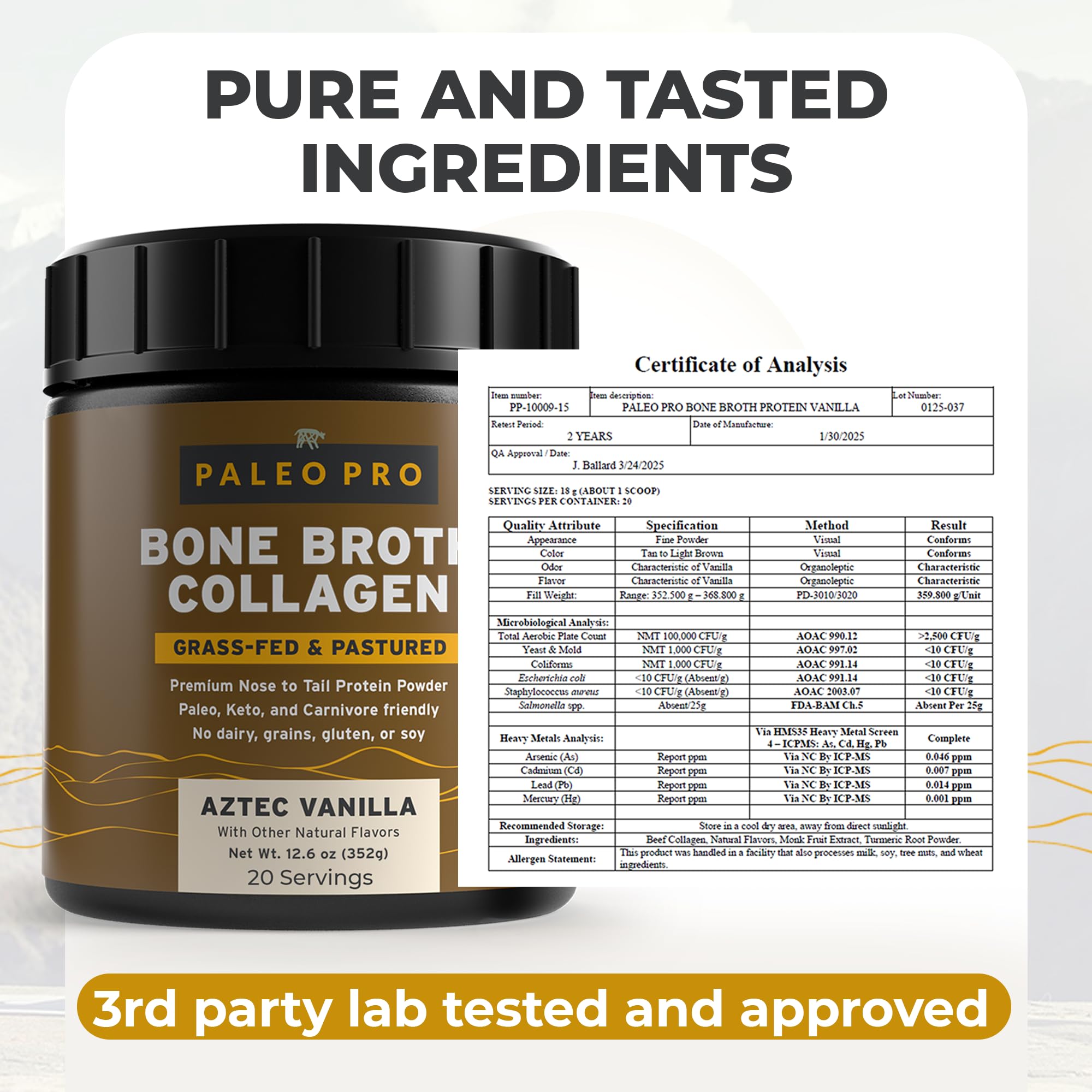 Paleo Pro collagen powder scoop on table for quick daily protein.