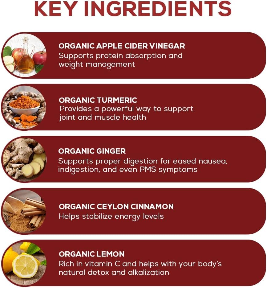 Product label highlighting organic turmeric, ginger, and cinnamon in the ACV Complex