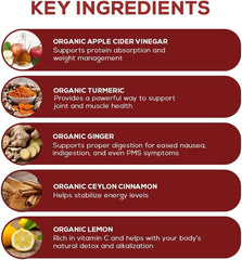 Product label highlighting organic turmeric, ginger, and cinnamon in the ACV Complex