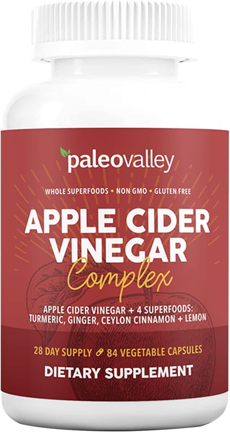 Paleovalley Apple Cider Vinegar Complex bottle label with turmeric and lemon accents
