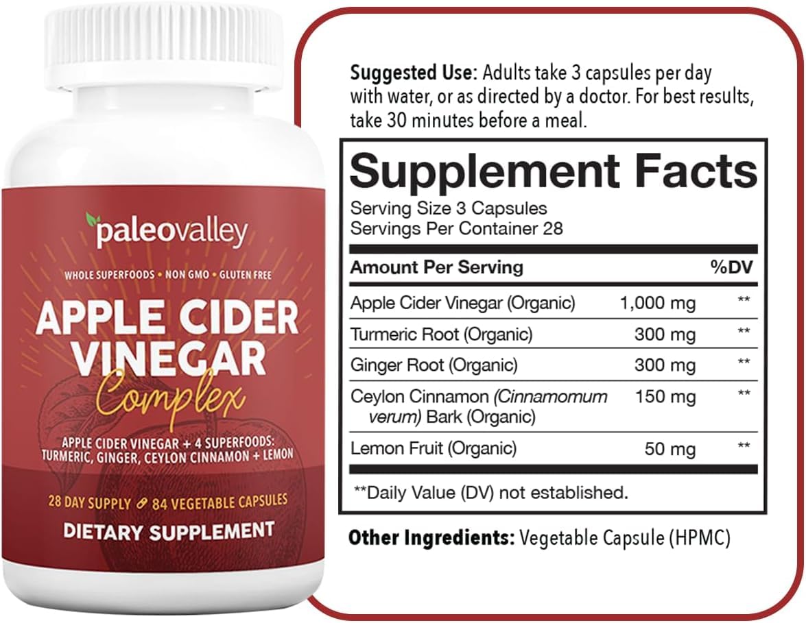 Close-up of 84 vegan capsules from Paleovalley Apple Cider Vinegar Complex