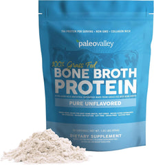 Paleovalley grass-fed beef bone broth protein powder pouch with scoop