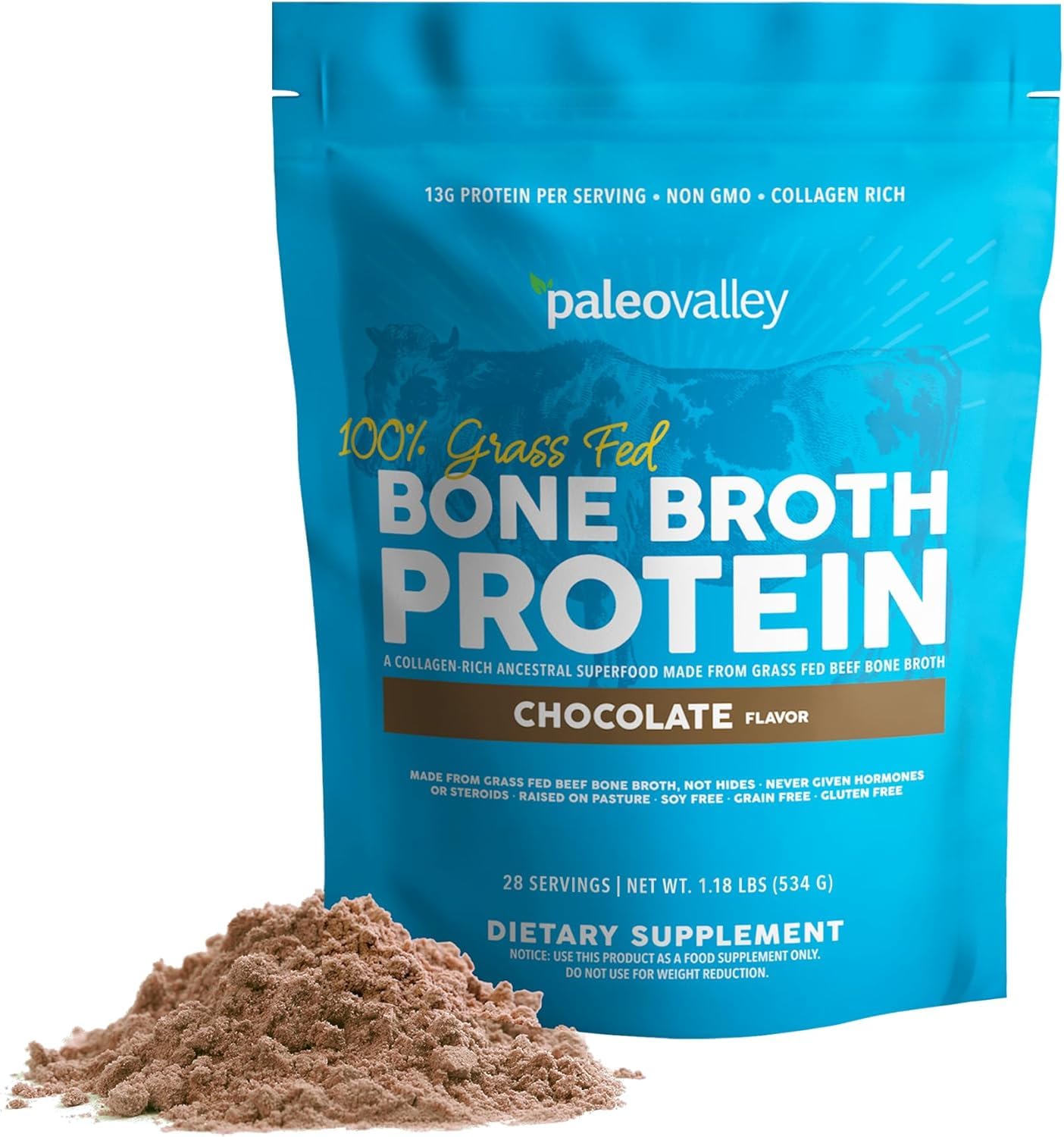 Paleovalley Grass-Fed Beef Bone Broth Protein Powder Chocolate – front view