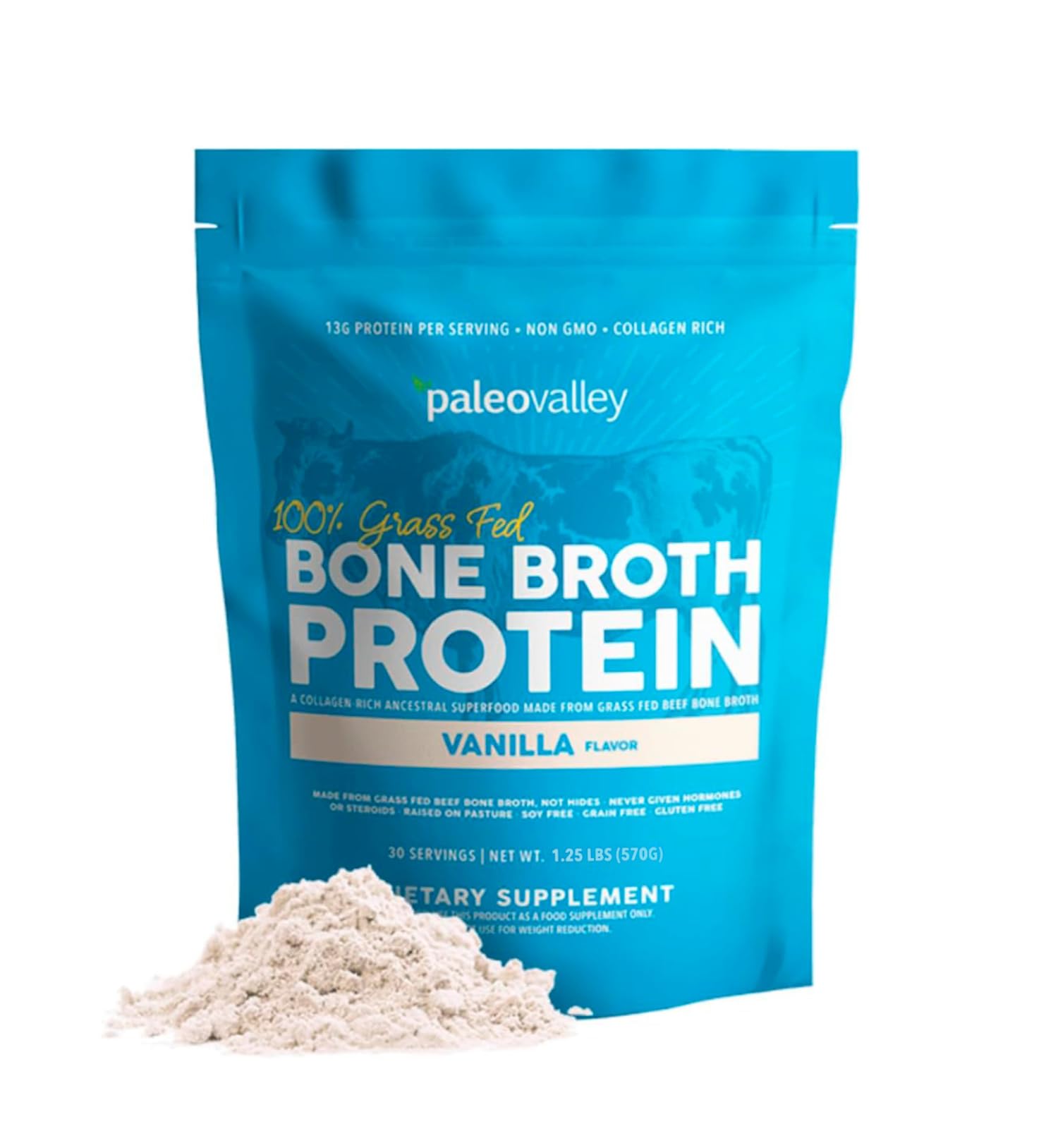 Paleovalley bone broth protein powder vanilla bottle on kitchen shelf for daily protein.