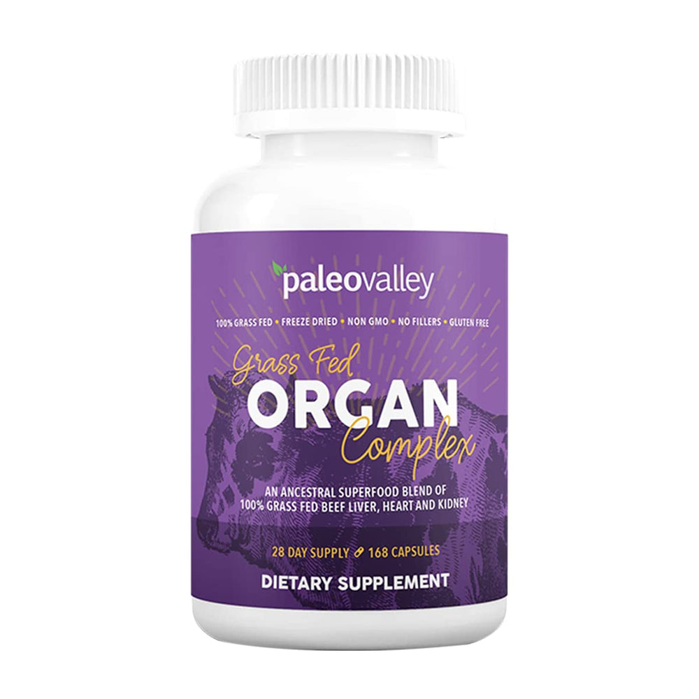 Paleovalley Grass Fed Beef Organ Complex bottle on white background