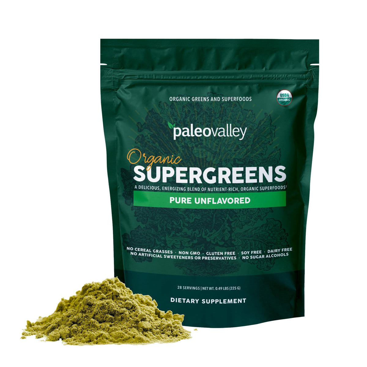Paleovalley Organic Supergreens powder canister with label