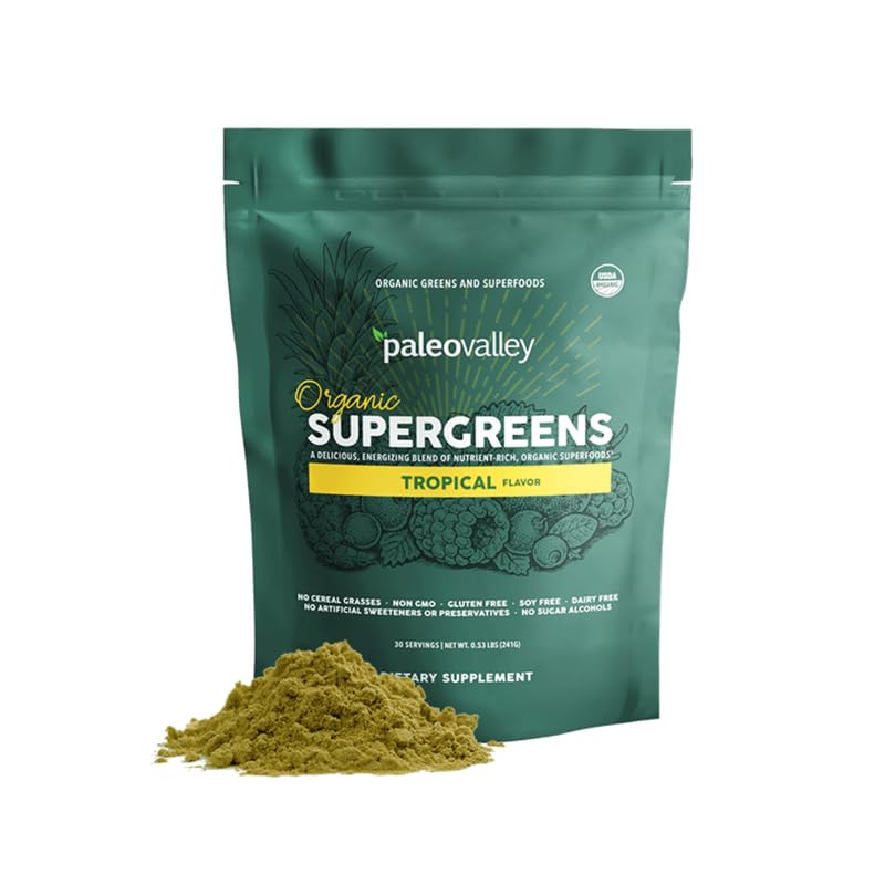 Paleovalley Organic Supergreens Powder Tropical Flavor — 23 Organic Superfoods with Prebiotic Fiber, 28 Servings
