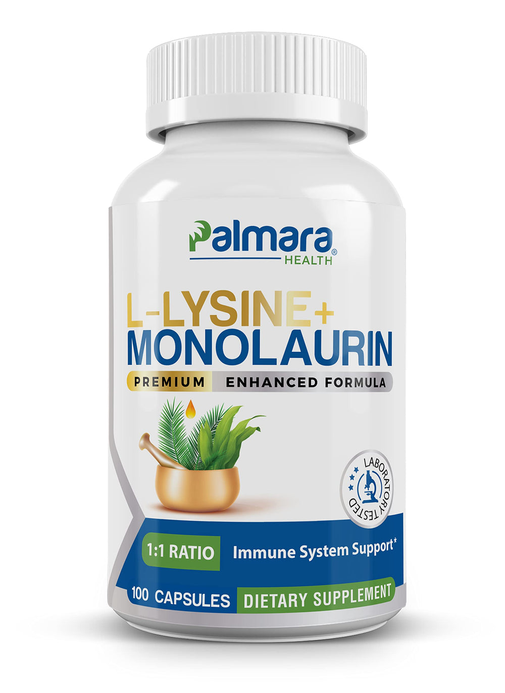 Palmara Health L-Lysine + Monolaurin bottle and capsules front view