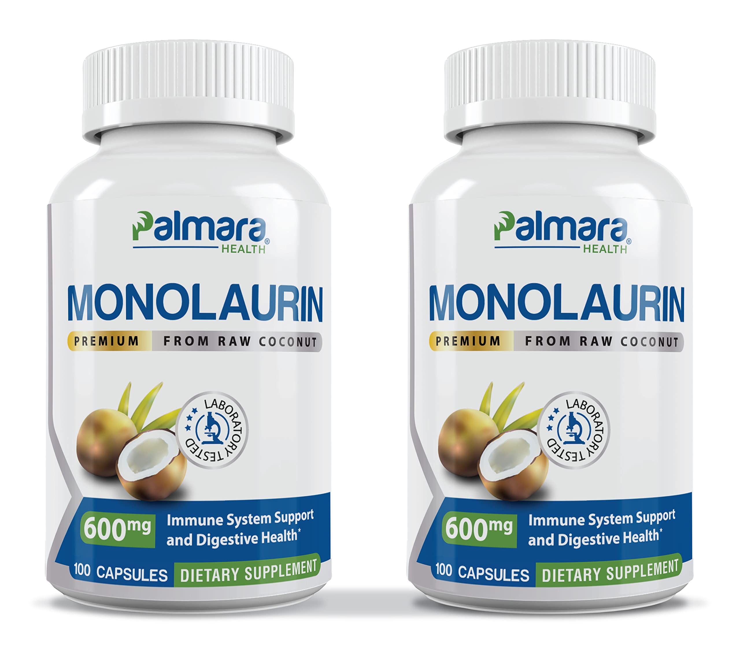Front view of Palmara Health Premium Monolaurin 1200mg per serving two-pack bottle with 200 vegan capsules