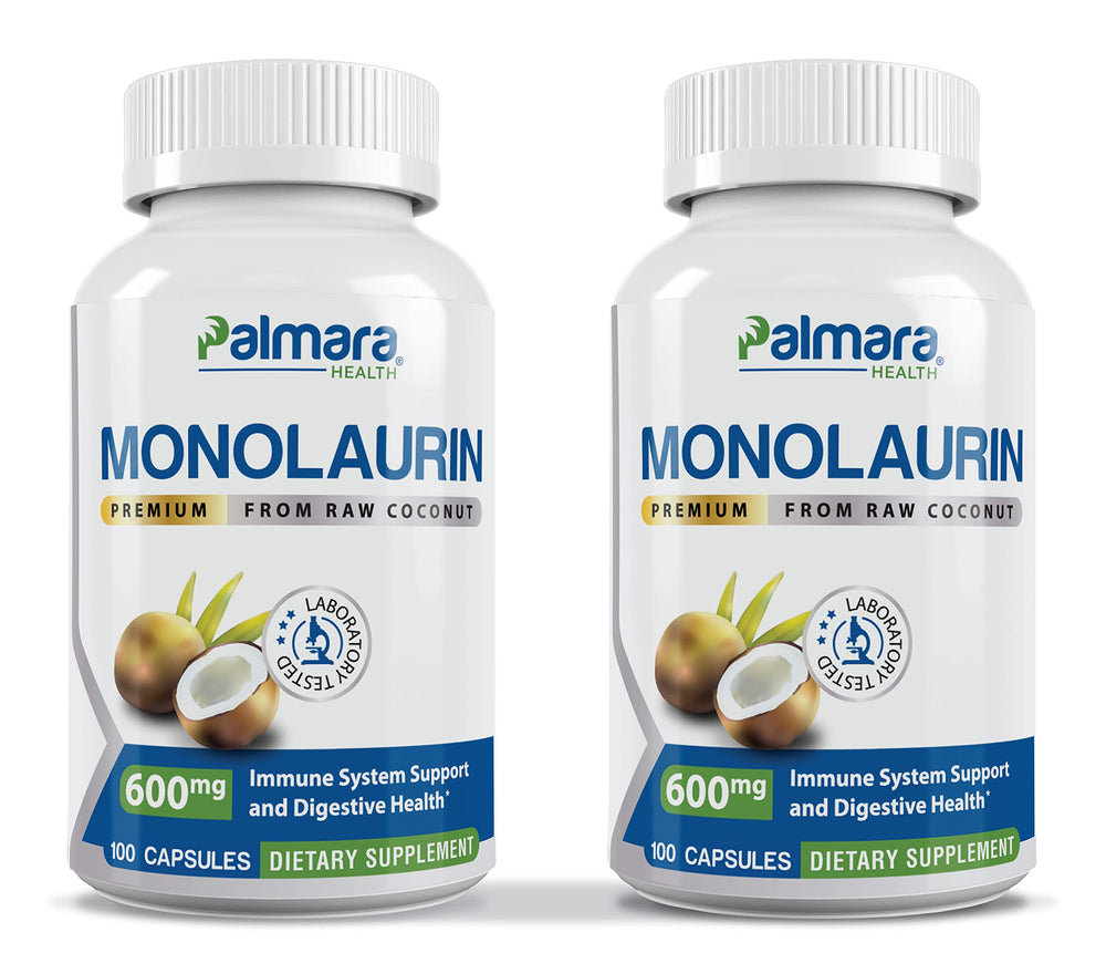 Front view of Palmara Health Premium Monolaurin 1200mg per serving two-pack bottle with 200 vegan capsules