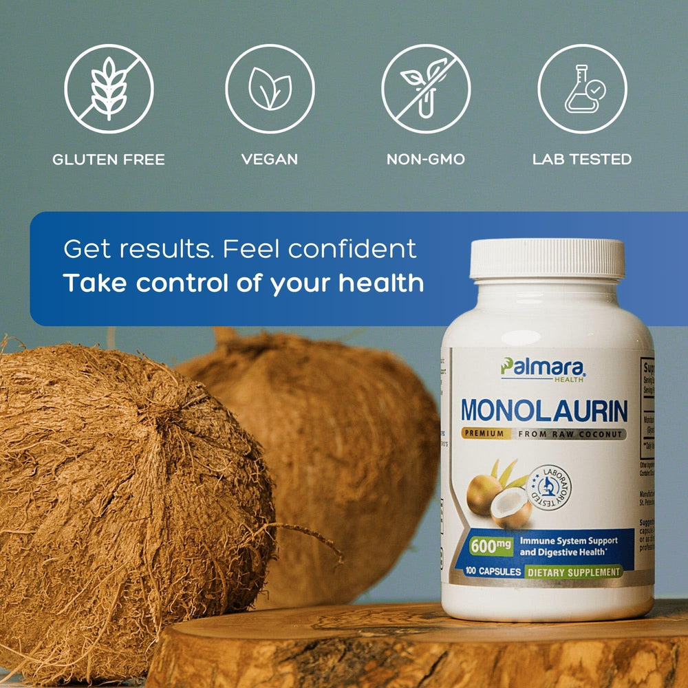 Packaging shows vegan, non-GMO, and gluten-free labels for Palmara Health Monolaurin