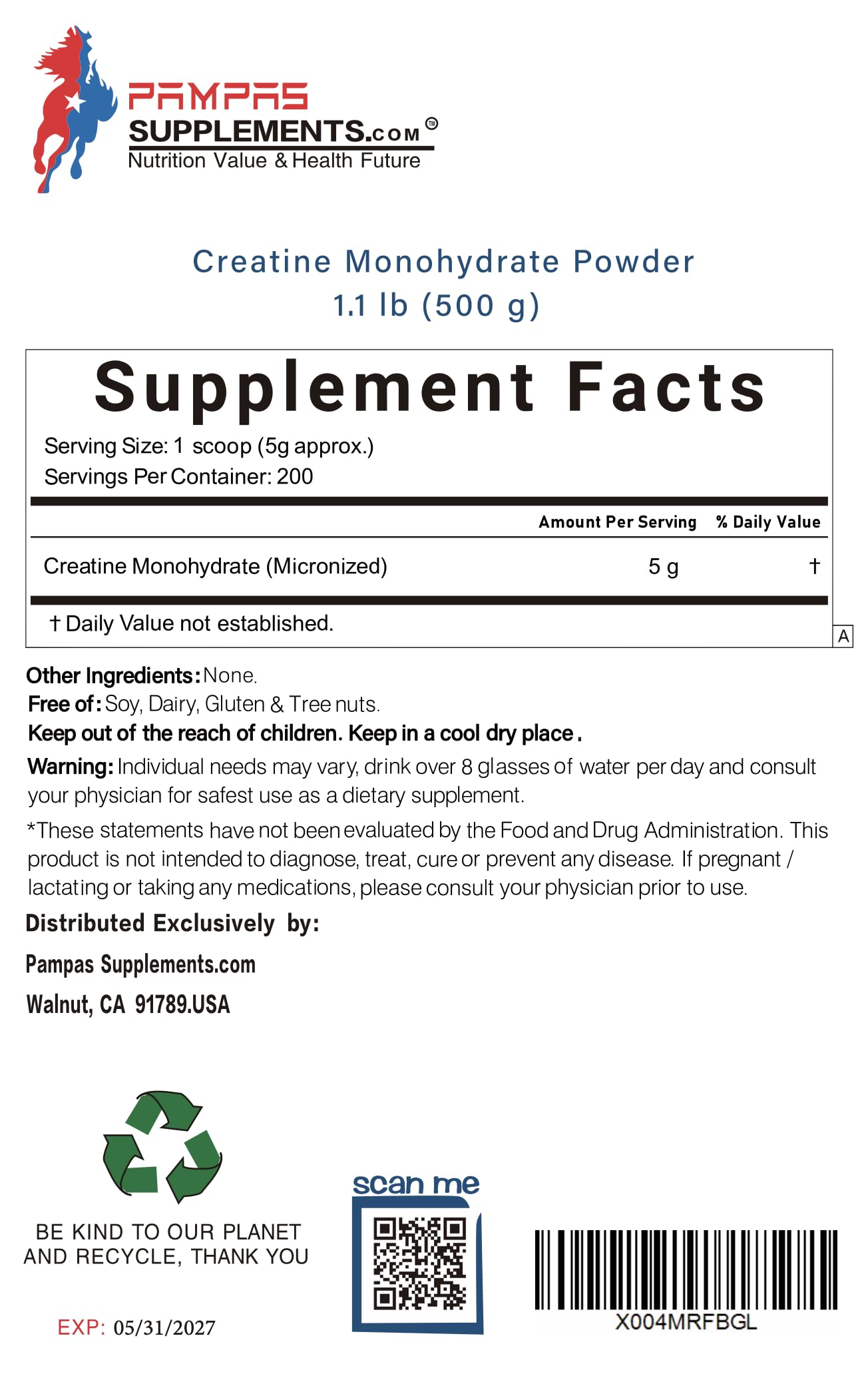 Pampas brand creatine monohydrate bag 500g