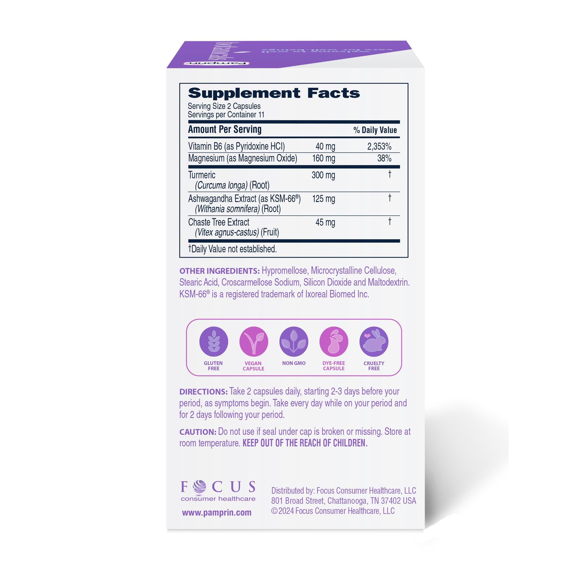 Ingredients include Ashwagandha, Magnesium, Turmeric, Vitamin B6 and Chasteberry