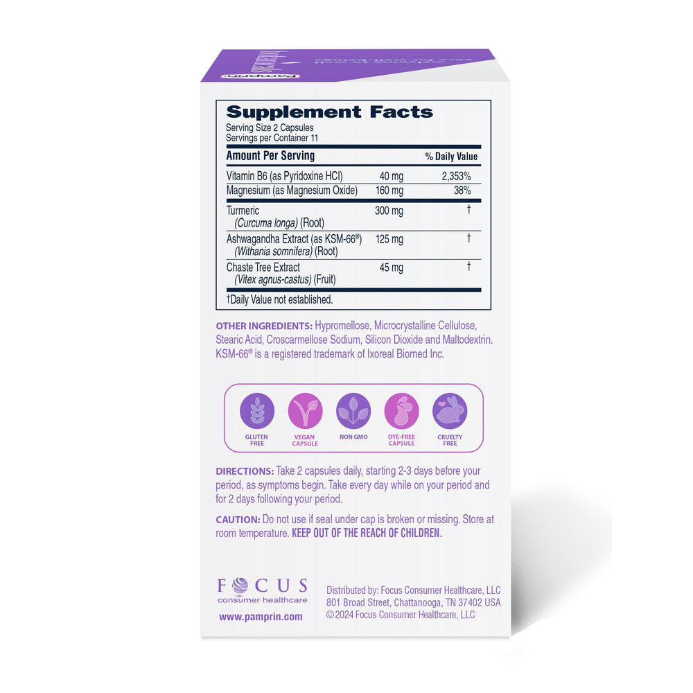 Ingredients include Ashwagandha, Magnesium, Turmeric, Vitamin B6 and Chasteberry