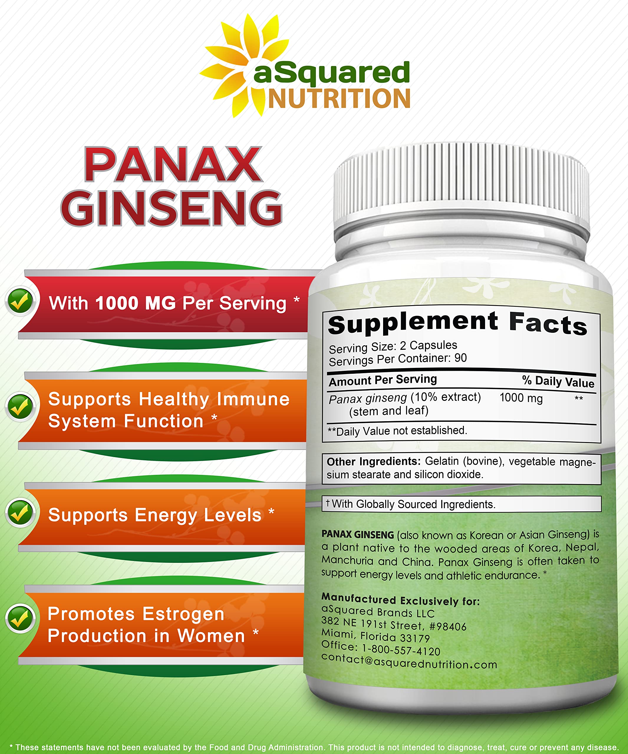 Illustration of Panax Ginseng benefits including energy, cognition, libido, immunity