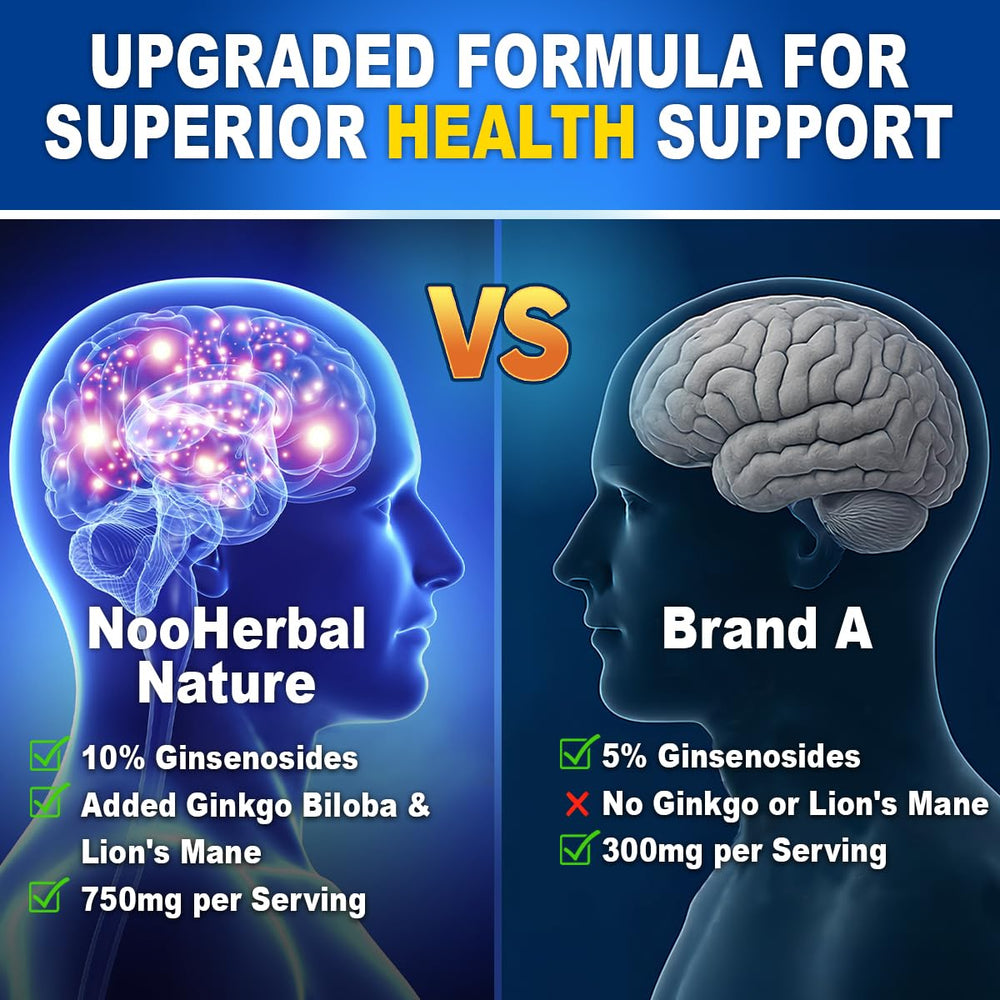 Ingredient blend graphic for Panax Ginseng, Ginkgo Biloba, Lions Mane