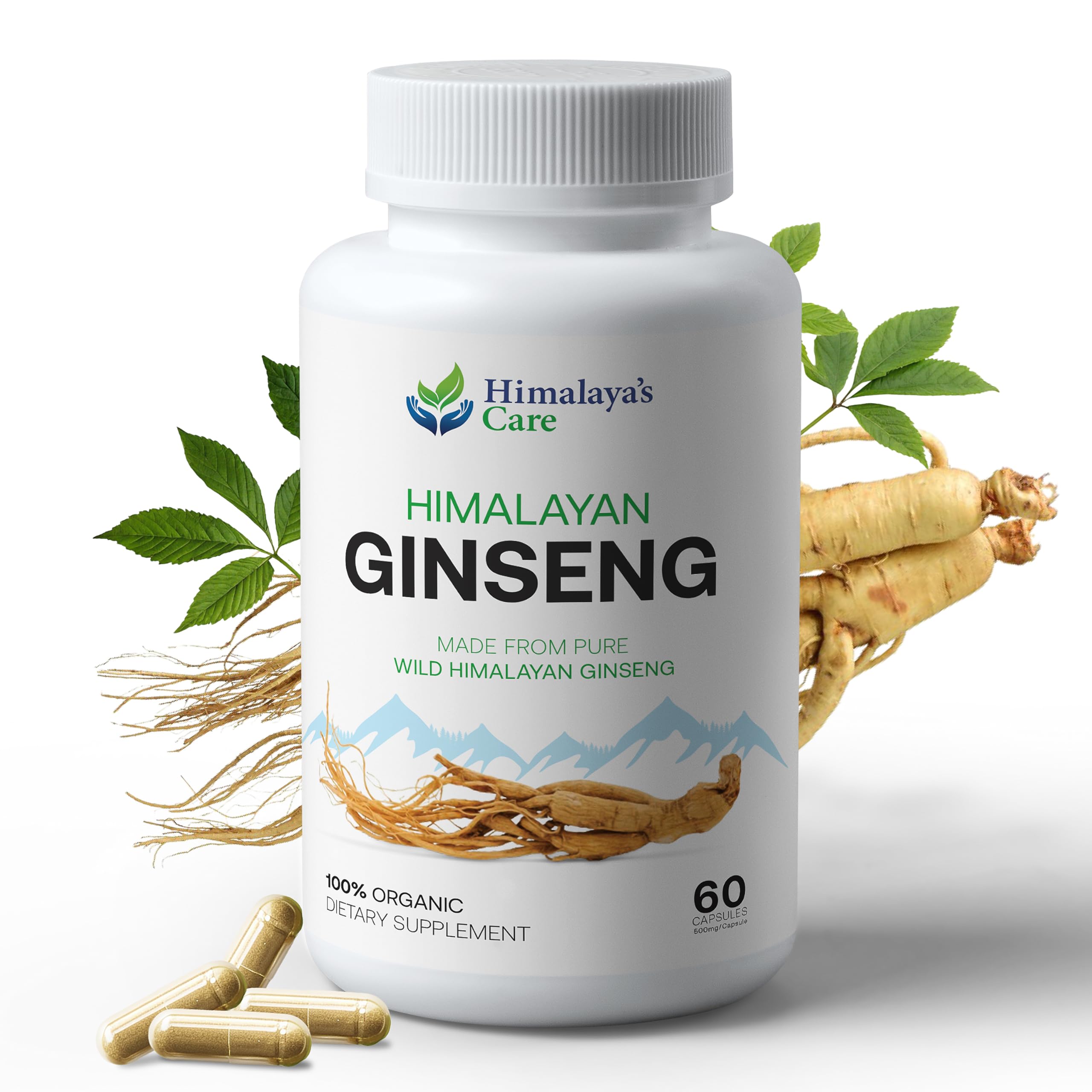 Panax Ginseng supplement bottle label, 1000mg, vegan capsules