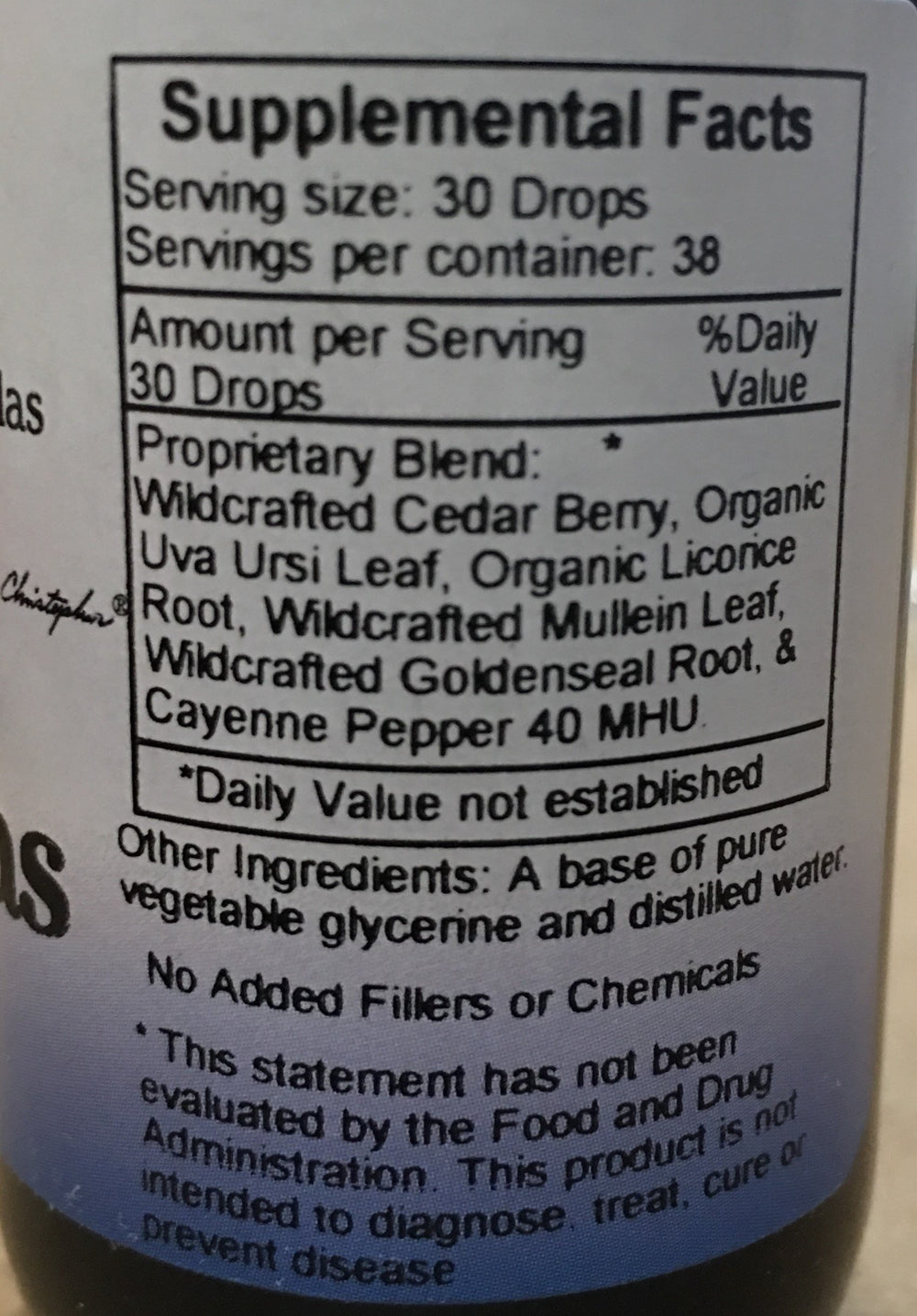 Plant-based ingredient blend includes cedar berry, uva ursi, licorice, mullein, cayenne, and goldenseal