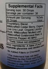 Plant-based ingredient blend includes cedar berry, uva ursi, licorice, mullein, cayenne, and goldenseal