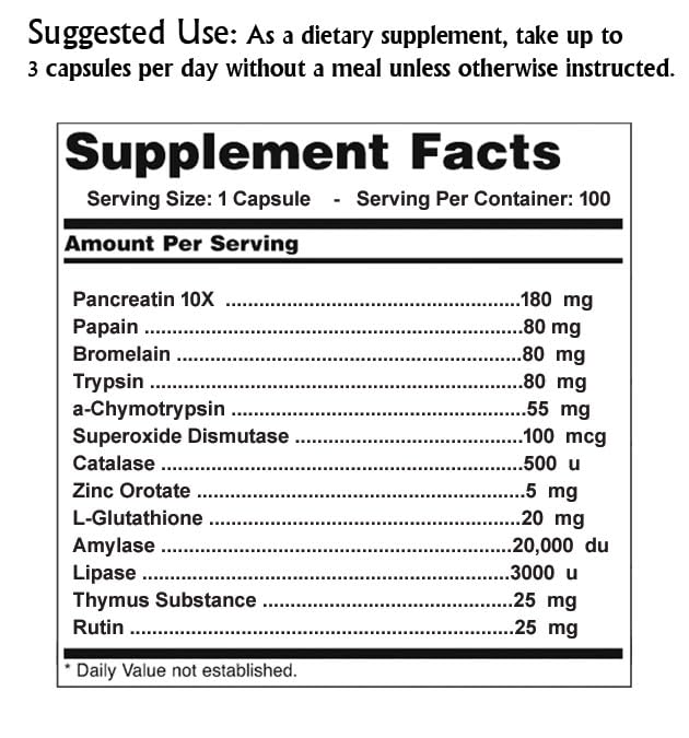 Label showing Pancreatin 10x, Trypsin and Alpha-Chymotrypsin