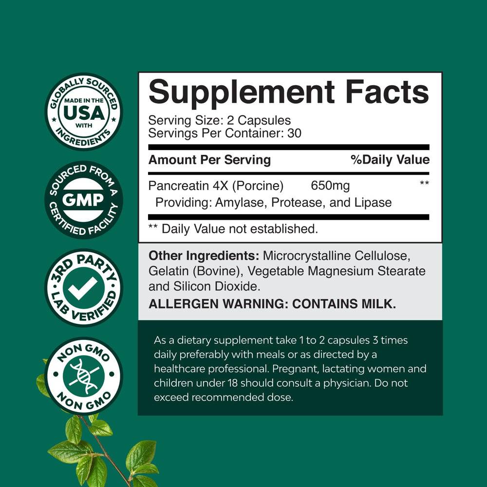 Pancreatin digestive enzyme packaging showing Pancreatin brand and 60 count