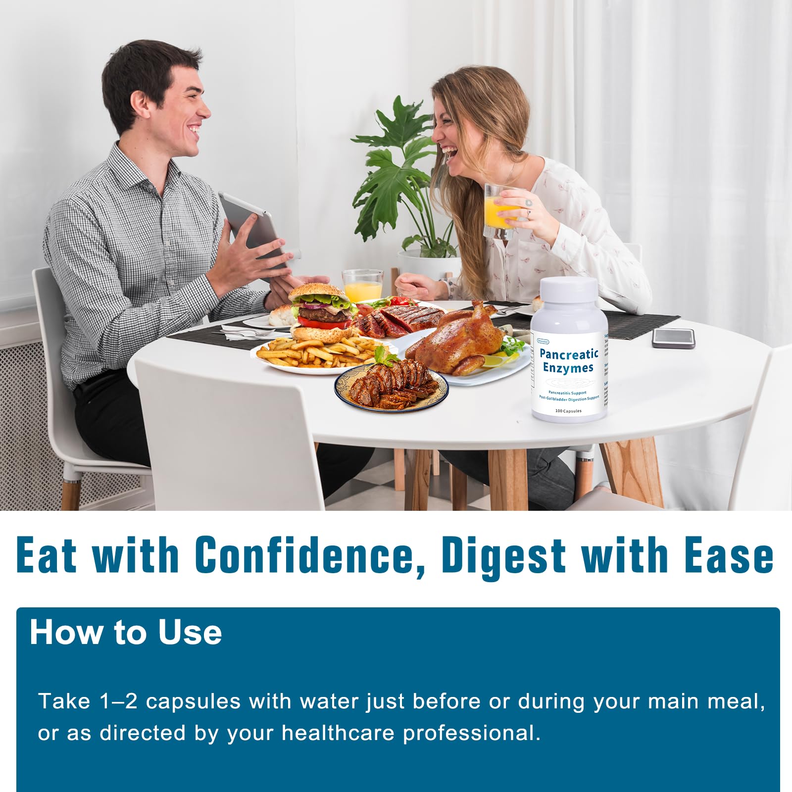 Lifestyle image of a person enjoying a meal with digestive support.