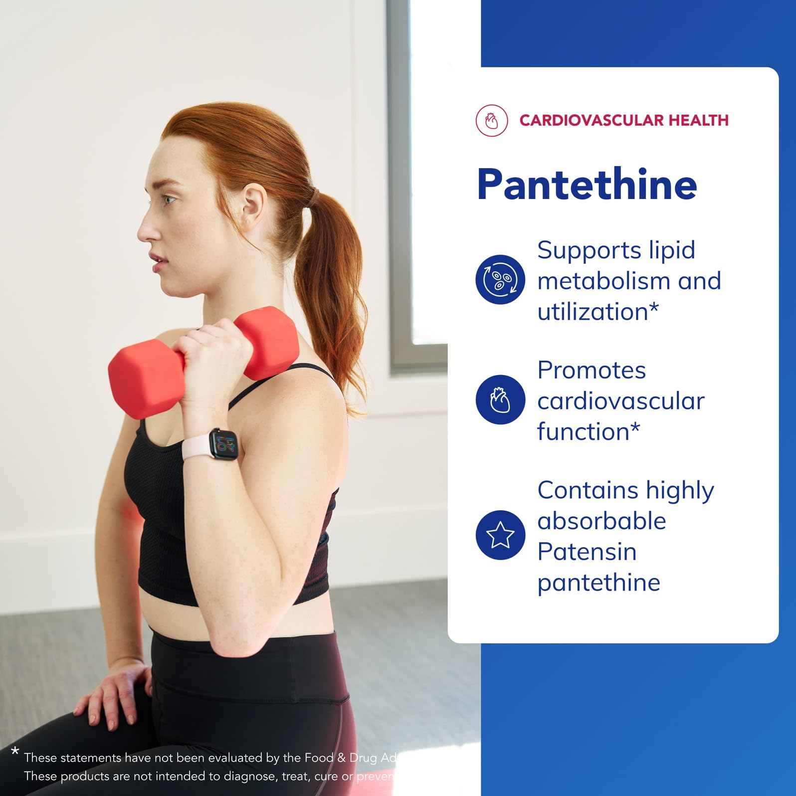 Pantethine bottle label close-up shows purity and allergen-free features.