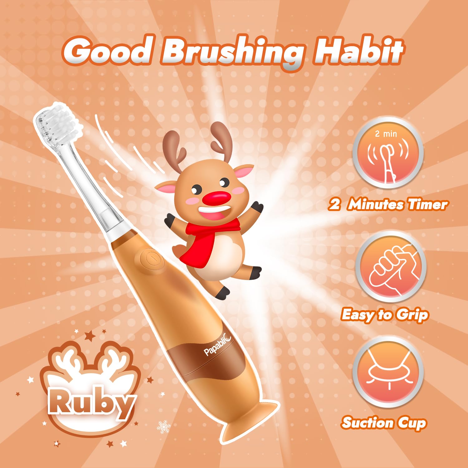 Packaging showing batteries included with Papablic toddler toothbrush set