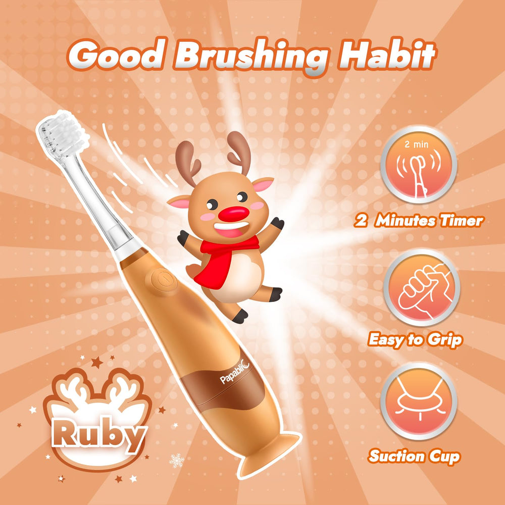 Packaging showing batteries included with Papablic toddler toothbrush set