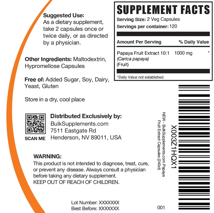 Papaya Fruit Extract Capsules label and bottle