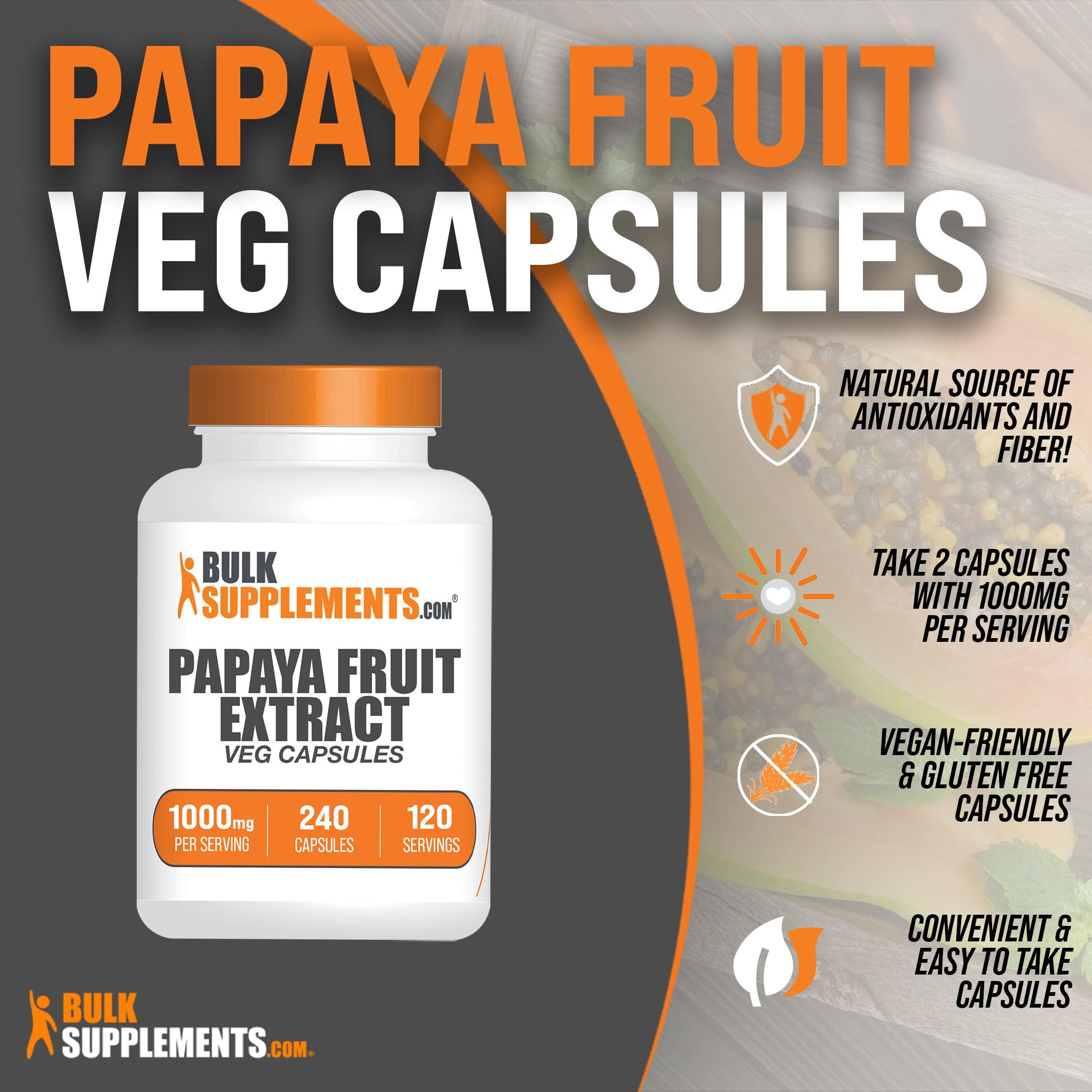 Two Papaya Fruit Extract capsules showing 1000mg dosage