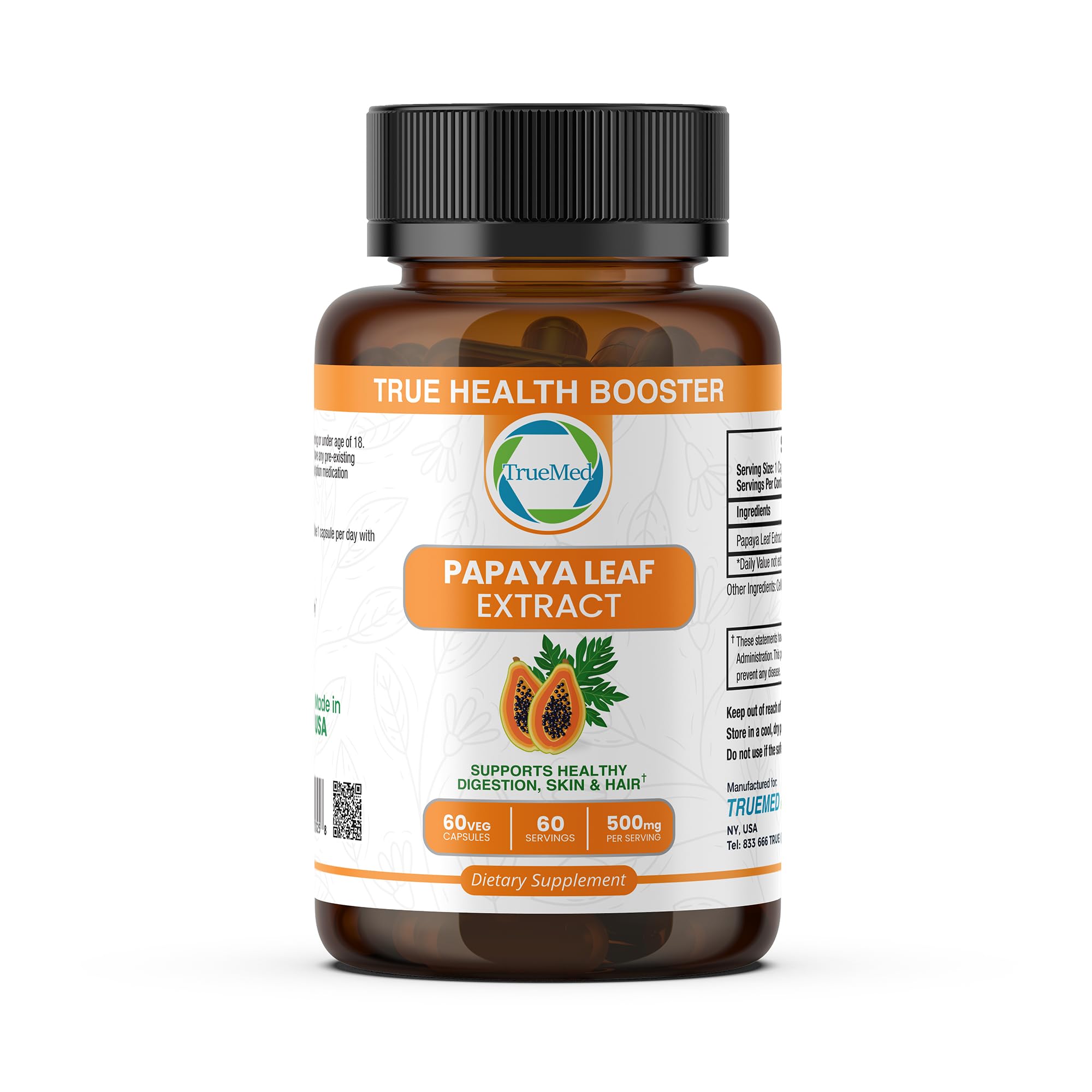Label for Papaya Leaf Extract 500 mg bottle with 60 capsules