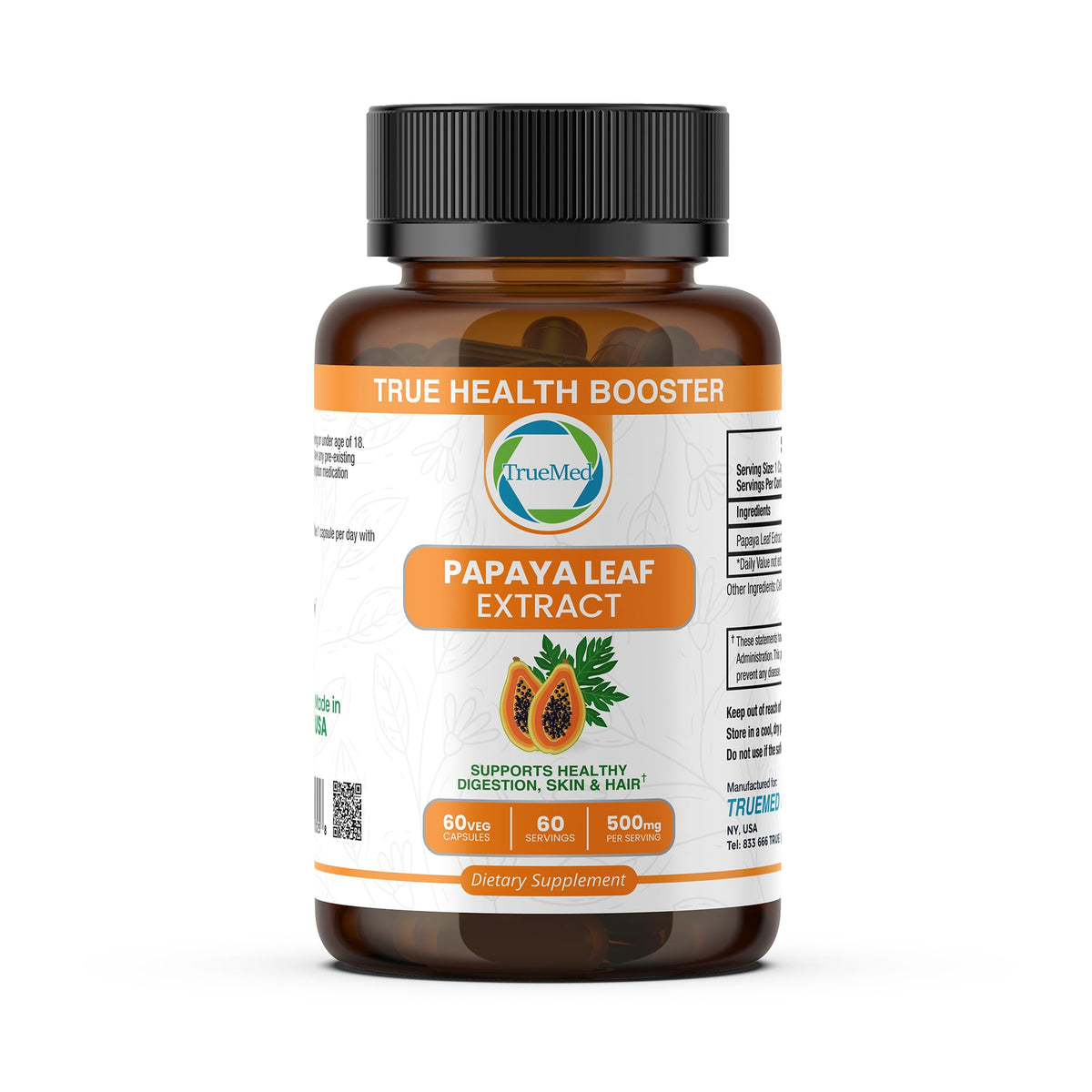 Label for Papaya Leaf Extract 500 mg bottle with 60 capsules