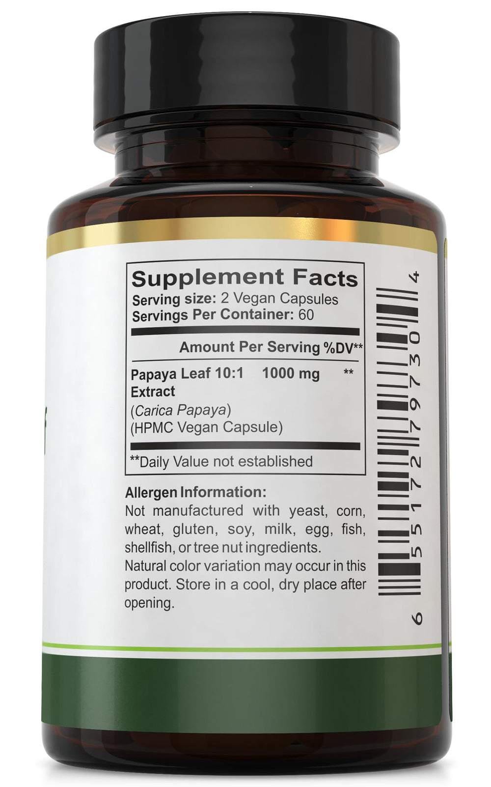 Box and bottle of Papaya Leaf Extract capsules on a white surface