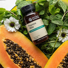 Close-up image of papaya mint chewable tablets for digestion support
