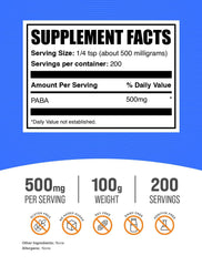 Para-aminobenzoic acid powder 500mg per serving label