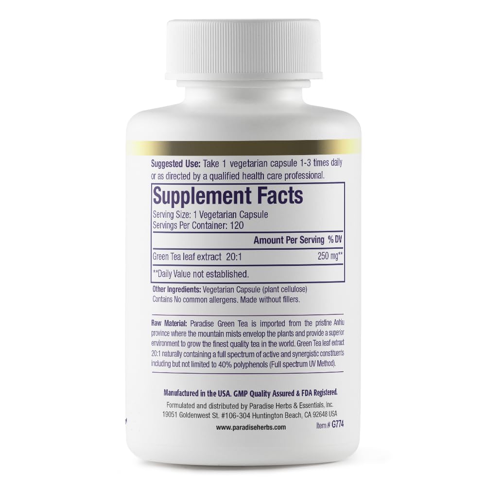 Close-up of Paradise Green Tea Extract label showing Non-GMO and Gluten Free